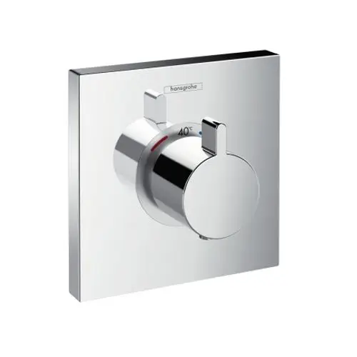 Thermostat in Chrom-Optik von Hansgrohe mit einem runden Drehknopf zur Temperatureinstellung und einem quadratischen Montagepaneel. Temperaturanzeige bis 40°C.